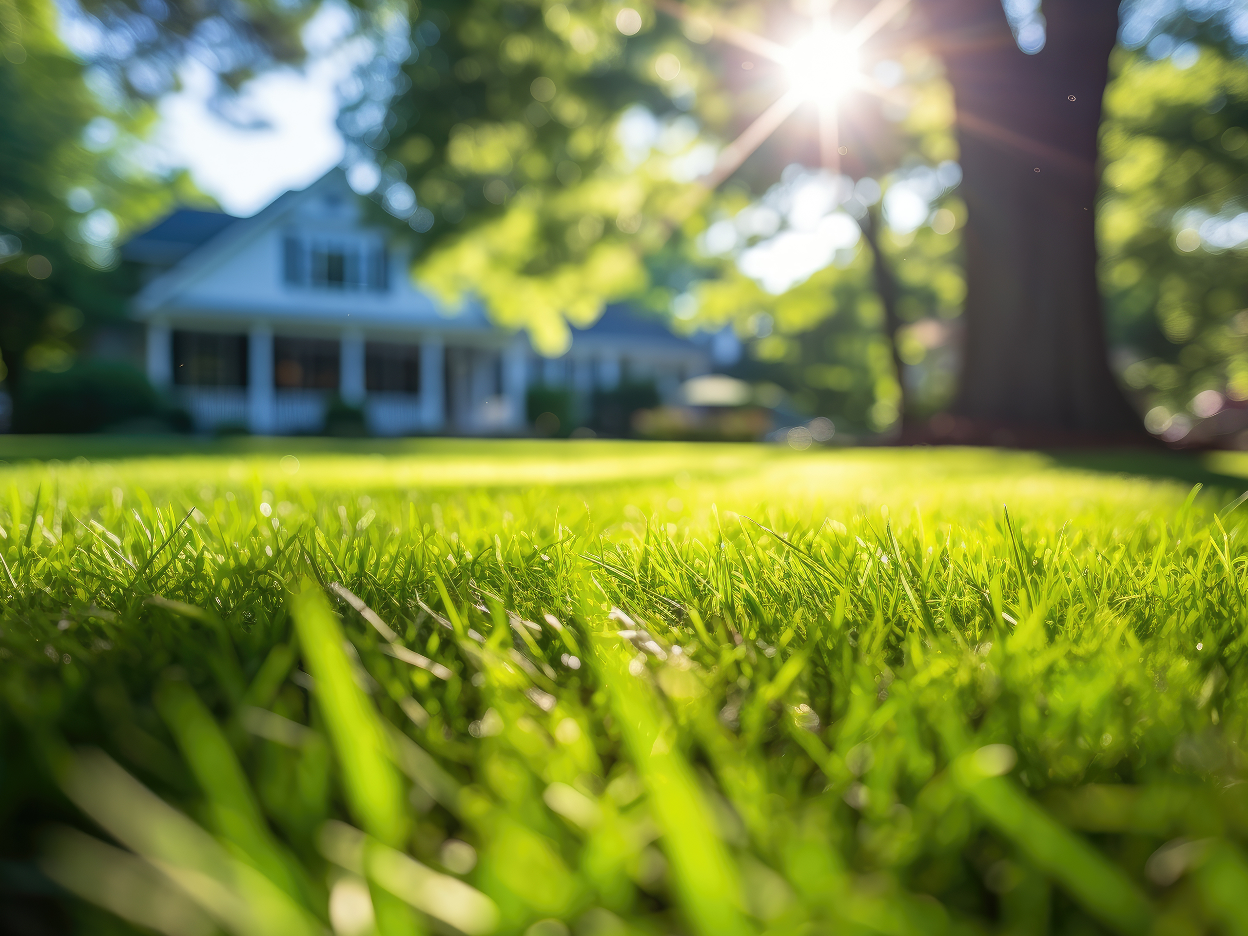 A beautiful lush green lawn in the morning with a modern house in the background-BirchTurf